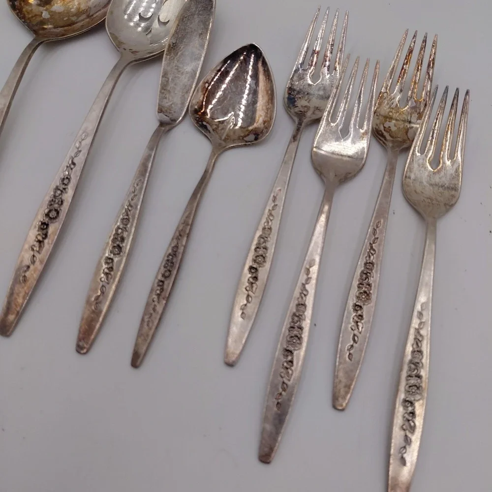 8 International Deep Silver Silverplate 1966 Laurel Mist Flatware Floral Etched